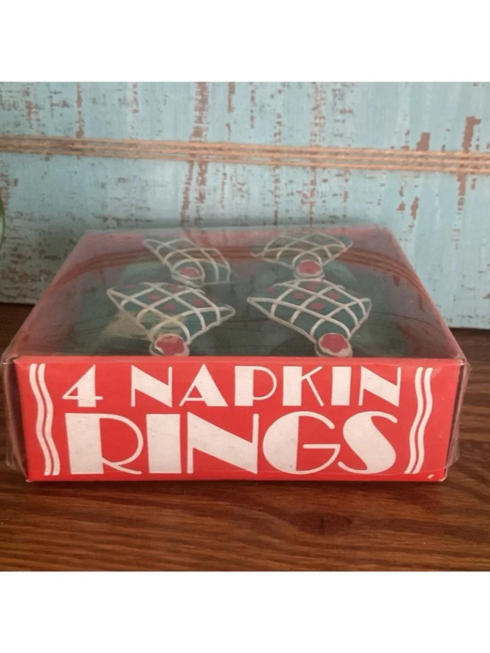 Vintage Christmas Tree Napkin Rings Green Red Satin Set Of 4 New
